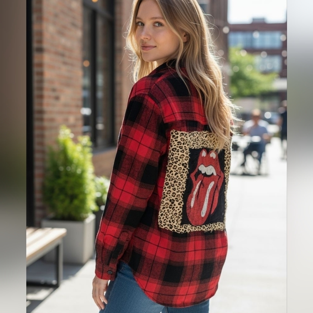 Old Navy Upcycled Flannel With Sewn On Patch On The Back. Size Medium